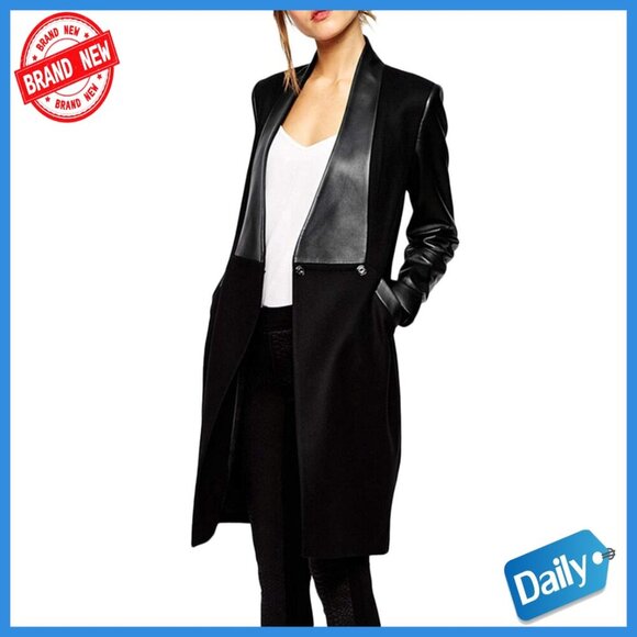 Jackets & Blazers - Faux Leather Woolen Trench Coat Double Breasted Patchwork Slim Fit Jacket